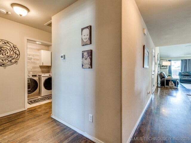 3409 E Quebec St, Broken Arrow, OK 74014 - corridor featuring independent washer and dryer and dark wood finished floors