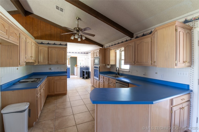 12931 N 135th E Ave, Collinsville, OK 74021 - kitchen featuring ceiling fan, backsplash, appliances with stainless steel finishes, light tile patterned floors, and a textured ceiling