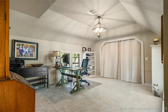 6530 E 106th St, Tulsa, OK 74133 - home office with vaulted ceiling, a textured ceiling, and carpet floors