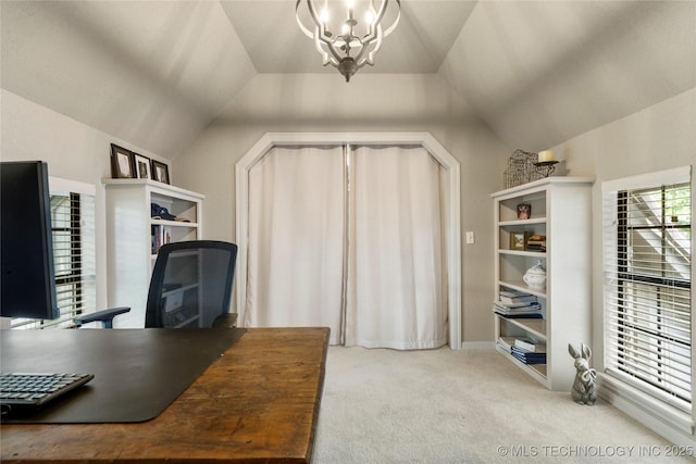 6530 E 106th St, Tulsa, OK 74133 - office area featuring carpet flooring, lofted ceiling, and a chandelier