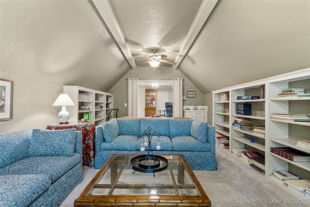 6530 E 106th St, Tulsa, OK 74133 - carpeted living area with lofted ceiling, ceiling fan, and a textured ceiling
