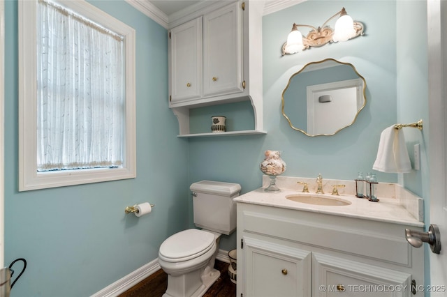 6530 E 106th St, Tulsa, OK 74133 - half bathroom featuring vanity, plenty of natural light, and ornamental molding