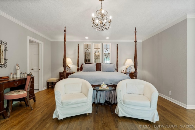 6530 E 106th St, Tulsa, OK 74133 - bedroom featuring a chandelier, crown molding, wood finished floors, a textured ceiling, and recessed lighting