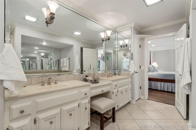 6530 E 106th St, Tulsa, OK 74133 - ensuite bathroom with double vanity, tile patterned floors, crown molding, backsplash, and recessed lighting