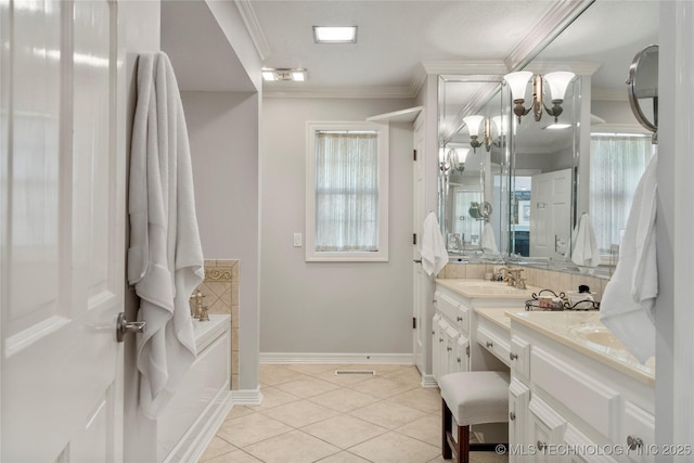 6530 E 106th St, Tulsa, OK 74133 - full bath featuring vanity, a garden tub, ornamental molding, tile patterned flooring, and a chandelier