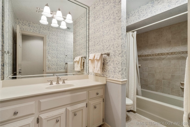 6530 E 106th St, Tulsa, OK 74133 - full bath with wallpapered walls, vanity, shower / bath combination with curtain, and tile patterned flooring