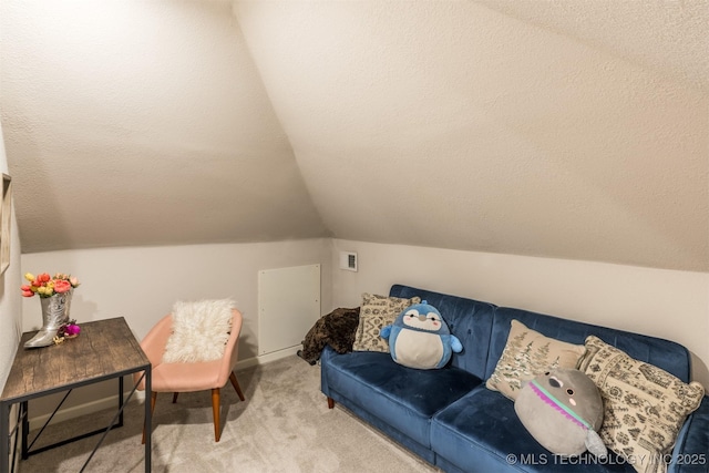 2648 E 2nd St, Tulsa, OK 74104 - sitting room with lofted ceiling, carpet, and a textured ceiling