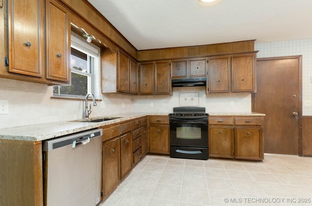 606 N Gum St, Jenks, OK 74037 - kitchen featuring dishwasher, black range with electric cooktop, under cabinet range hood, backsplash, and brown cabinetry