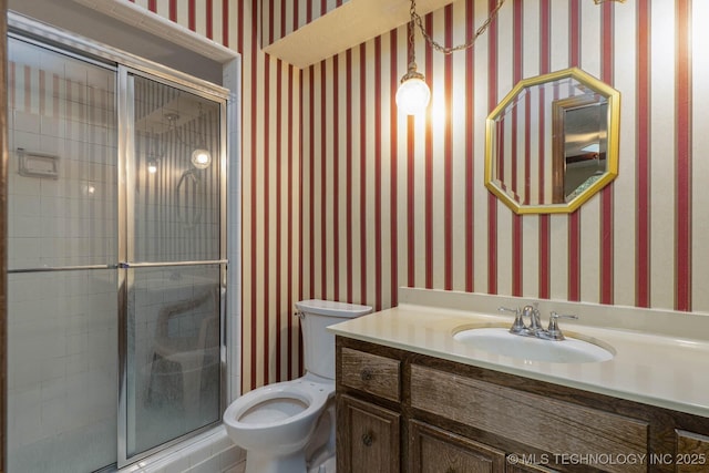 606 N Gum St, Jenks, OK 74037 - full bath with vanity, a shower stall, and wallpapered walls