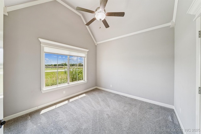 6107 E 127th St N, Collinsville, OK 74021 - empty room featuring vaulted ceiling, carpet, a ceiling fan, and crown molding