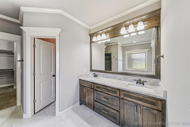 6107 E 127th St N, Collinsville, OK 74021 - full bathroom with double vanity, tile patterned flooring, ornamental molding, and a walk in closet