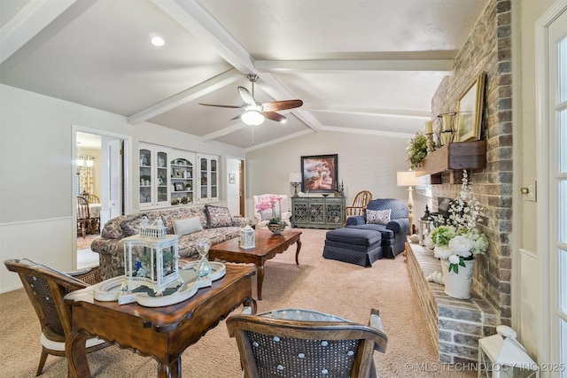 1605 N Skinner Ave, Drumright, OK 74030 - carpeted living area with ceiling fan and a brick fireplace