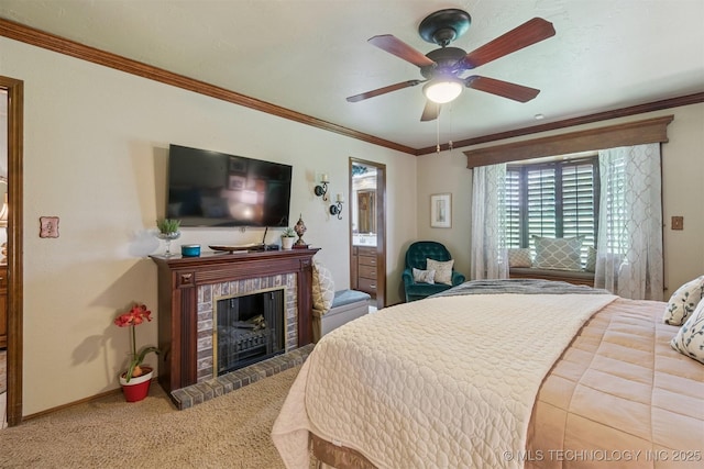 1605 N Skinner Ave, Drumright, OK 74030 - carpeted bedroom featuring ornamental molding, a brick fireplace, and ceiling fan