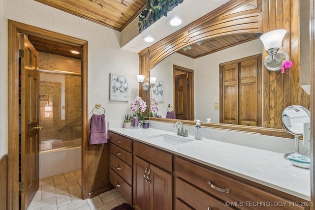 1605 N Skinner Ave, Drumright, OK 74030 - full bath featuring vanity, wood ceiling, a textured wall, enclosed tub / shower combo, and recessed lighting