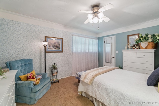 1605 N Skinner Ave, Drumright, OK 74030 - bedroom with carpet floors, ornamental molding, and ceiling fan