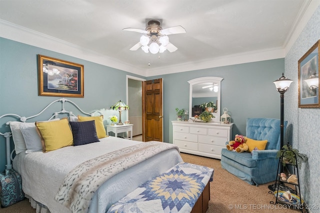 1605 N Skinner Ave, Drumright, OK 74030 - carpeted bedroom featuring ornamental molding and a ceiling fan