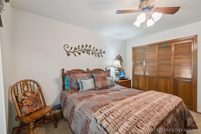 1605 N Skinner Ave, Drumright, OK 74030 - bedroom with carpet floors, a closet, and ceiling fan
