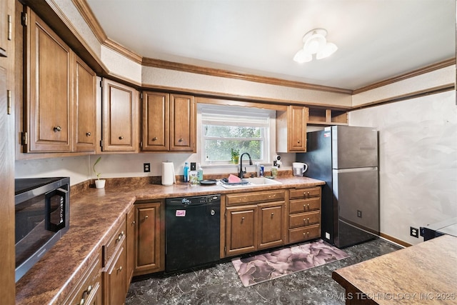 5105 E 30th Pl, Tulsa, OK 74114 - kitchen with stainless steel appliances, crown molding, brown cabinetry, and dark countertops