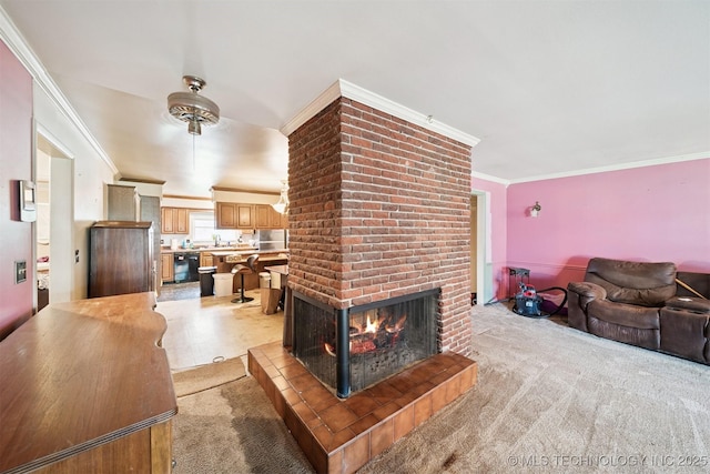 5105 E 30th Pl, Tulsa, OK 74114 - living area with crown molding, a brick fireplace, and light colored carpet
