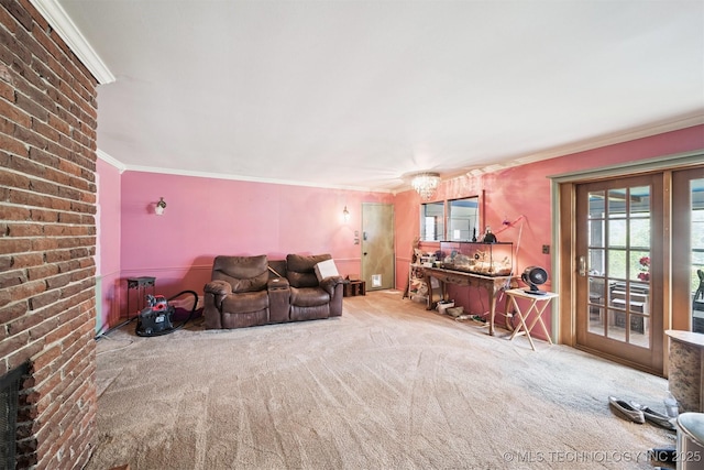 5105 E 30th Pl, Tulsa, OK 74114 - living room featuring carpet flooring, crown molding, and a fireplace