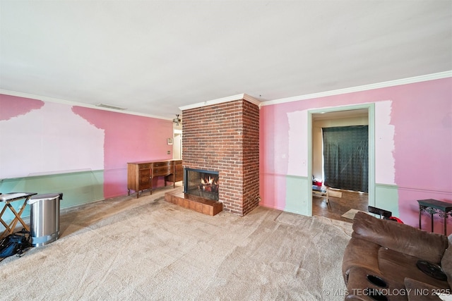 5105 E 30th Pl, Tulsa, OK 74114 - living room featuring ornamental molding, carpet floors, and a fireplace