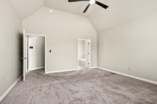 4207 S 69th W Ave, Tulsa, OK 74107 - unfurnished bedroom with carpet, connected bathroom, a ceiling fan, and high vaulted ceiling