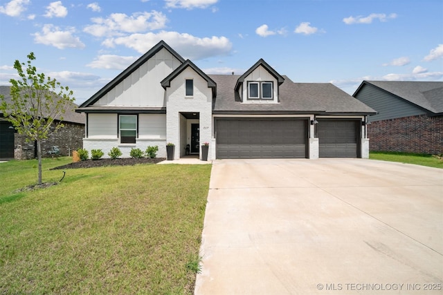 7117 E 154th Pl S, Bixby, OK 74008 - view of front of home featuring brick siding, board and batten siding, an attached garage, a front lawn, and driveway
