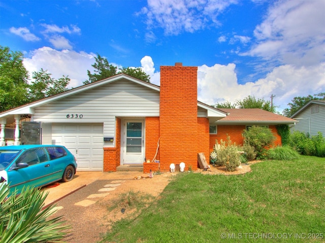 6330 Norman Ave, Oklahoma City, OK 73122 - ranch-style house featuring a chimney, a front yard, a garage, brick siding, and driveway