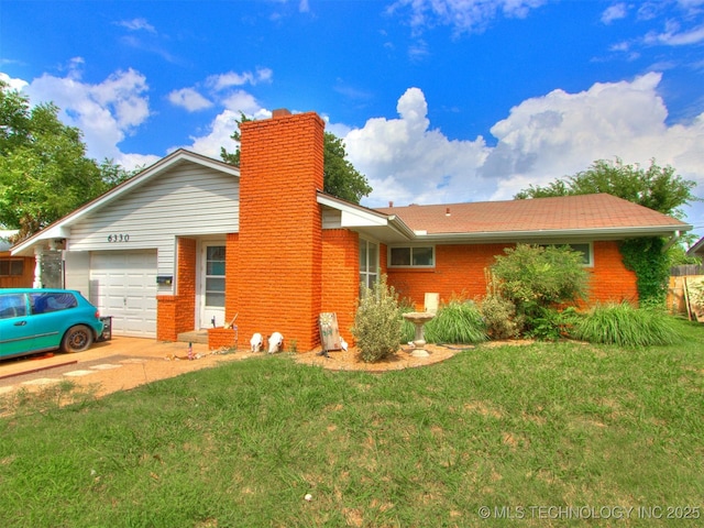 6330 Norman Ave, Oklahoma City, OK 73122 - view of front of house with brick siding, a chimney, an attached garage, and a front lawn