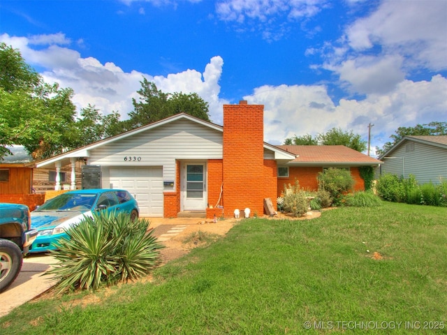 6330 Norman Ave, Oklahoma City, OK 73122 - single story home with a garage, a front yard, a chimney, and brick siding