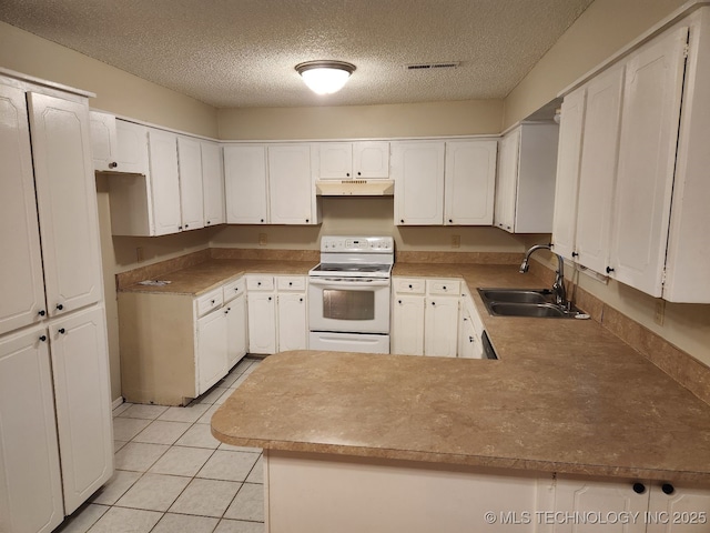 1669 S Pine Ave W, Broken Arrow, OK 74012 - kitchen with white electric range oven, under cabinet range hood, a textured ceiling, a peninsula, and light tile patterned flooring