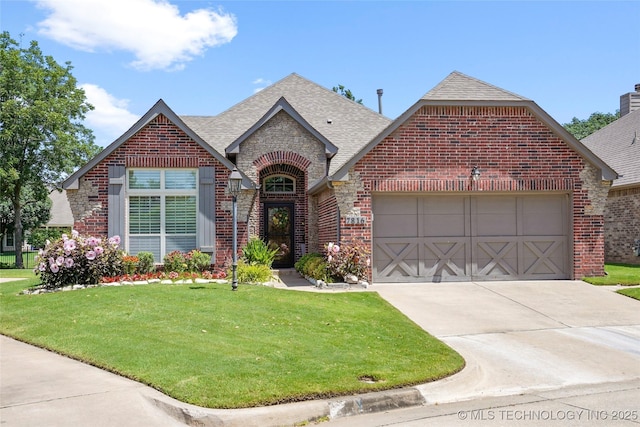 7816 E Galveston St, Broken Arrow, OK 74014 - french provincial home featuring brick siding, a garage, roof with shingles, concrete driveway, and a front lawn