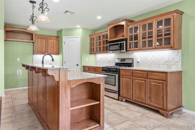 7816 E Galveston St, Broken Arrow, OK 74014 - kitchen featuring open shelves, appliances with stainless steel finishes, light stone counters, and recessed lighting