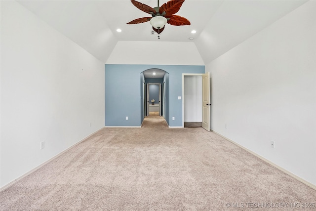 7816 E Galveston St, Broken Arrow, OK 74014 - spare room with ceiling fan, arched walkways, light carpet, recessed lighting, and vaulted ceiling