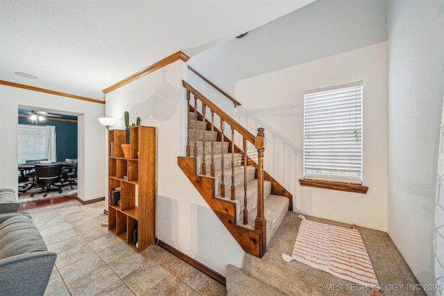 4704 W 88th St, Tulsa, OK 74132 - stairway with ornamental molding and ceiling fan