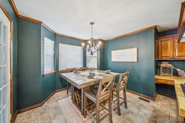 4704 W 88th St, Tulsa, OK 74132 - dining area featuring a chandelier, crown molding, light stone finish floors, and a textured wall