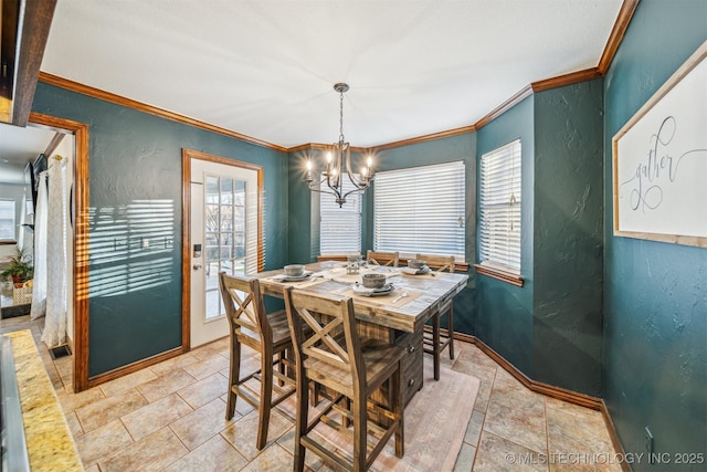 4704 W 88th St, Tulsa, OK 74132 - dining room featuring a textured wall, a chandelier, light stone finish floors, and crown molding