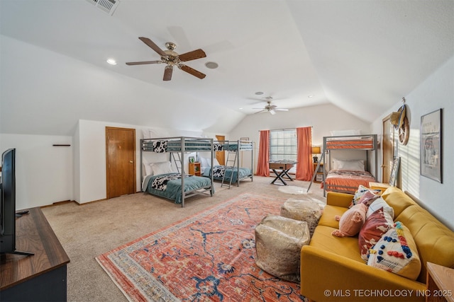 4704 W 88th St, Tulsa, OK 74132 - bedroom featuring vaulted ceiling, carpet floors, and a ceiling fan