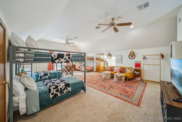 4704 W 88th St, Tulsa, OK 74132 - carpeted bedroom with lofted ceiling and a ceiling fan