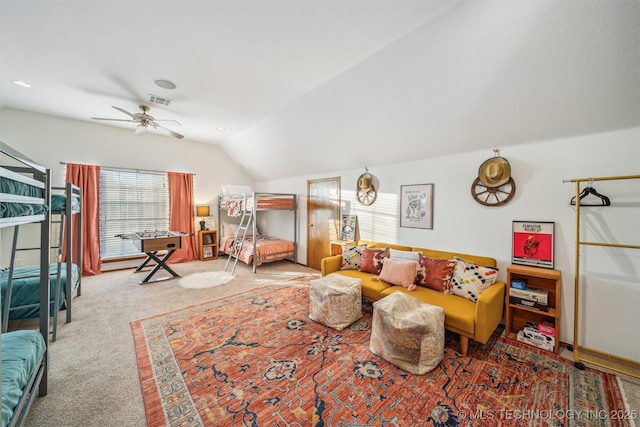 4704 W 88th St, Tulsa, OK 74132 - living area with carpet flooring, vaulted ceiling, and a ceiling fan