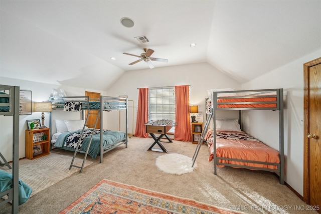 4704 W 88th St, Tulsa, OK 74132 - bedroom with carpet flooring, lofted ceiling, a ceiling fan, and recessed lighting