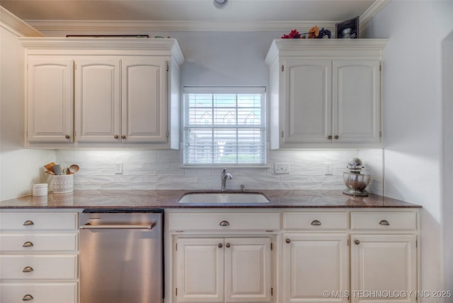 8414 E 99th Pl, Tulsa, OK 74133 - kitchen featuring stainless steel dishwasher, backsplash, white cabinetry, dark stone counters, and ornamental molding