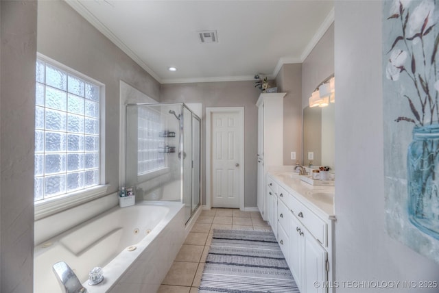 8414 E 99th Pl, Tulsa, OK 74133 - bathroom with plenty of natural light, a stall shower, a whirlpool tub, double vanity, and ornamental molding