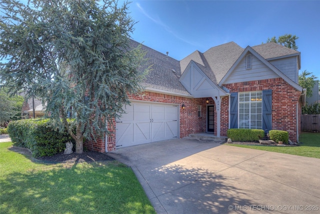 8414 E 99th Pl, Tulsa, OK 74133 - view of front of property with brick siding, an attached garage, roof with shingles, concrete driveway, and a front lawn
