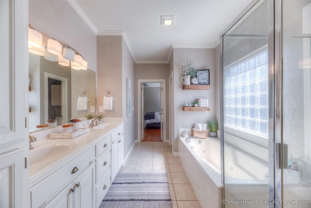 8414 E 99th Pl, Tulsa, OK 74133 - ensuite bathroom featuring double vanity, tile patterned floors, a tub with jets, and ornamental molding
