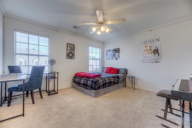 8414 E 99th Pl, Tulsa, OK 74133 - bedroom with crown molding, carpet, an office area, and a ceiling fan