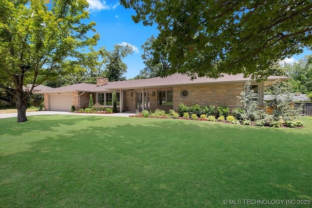 4155 S Birmingham Pl, Tulsa, OK 74105 - ranch-style home with a chimney, an attached garage, a front lawn, and brick siding