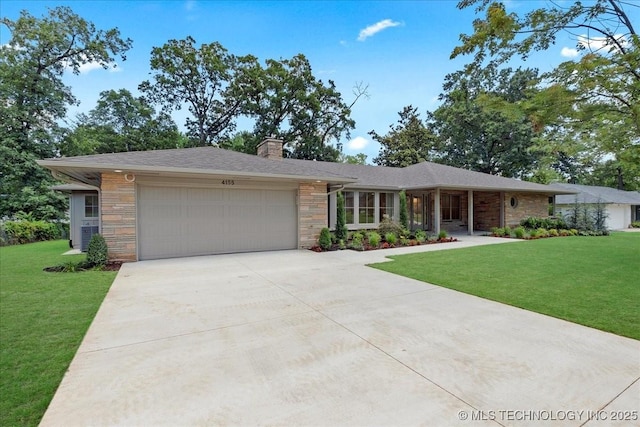 4155 S Birmingham Pl, Tulsa, OK 74105 - ranch-style home featuring an attached garage, a chimney, concrete driveway, and a front lawn