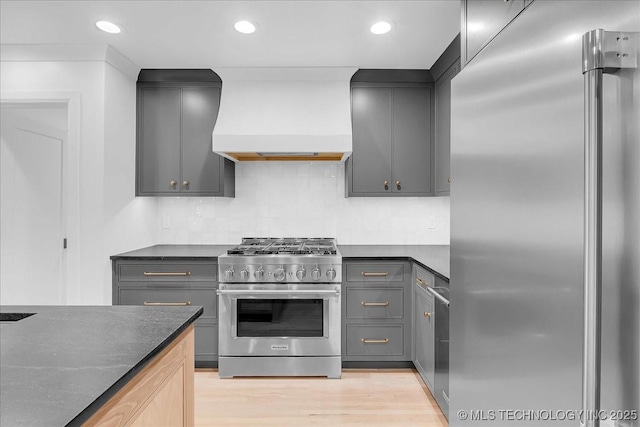 4155 S Birmingham Pl, Tulsa, OK 74105 - kitchen with high end appliances, custom range hood, gray cabinetry, decorative backsplash, and recessed lighting
