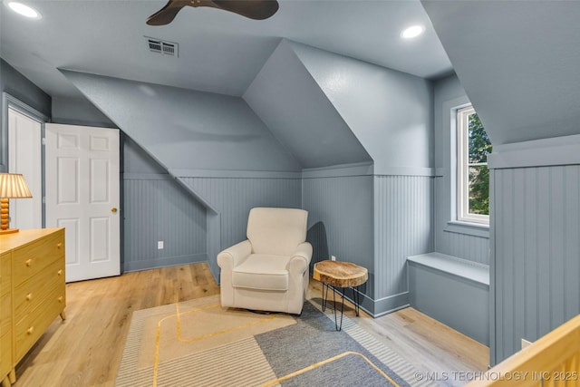 5414 E 109th Pl, Tulsa, OK 74137 - living area with light wood-style flooring, ceiling fan, vaulted ceiling, wainscoting, and recessed lighting